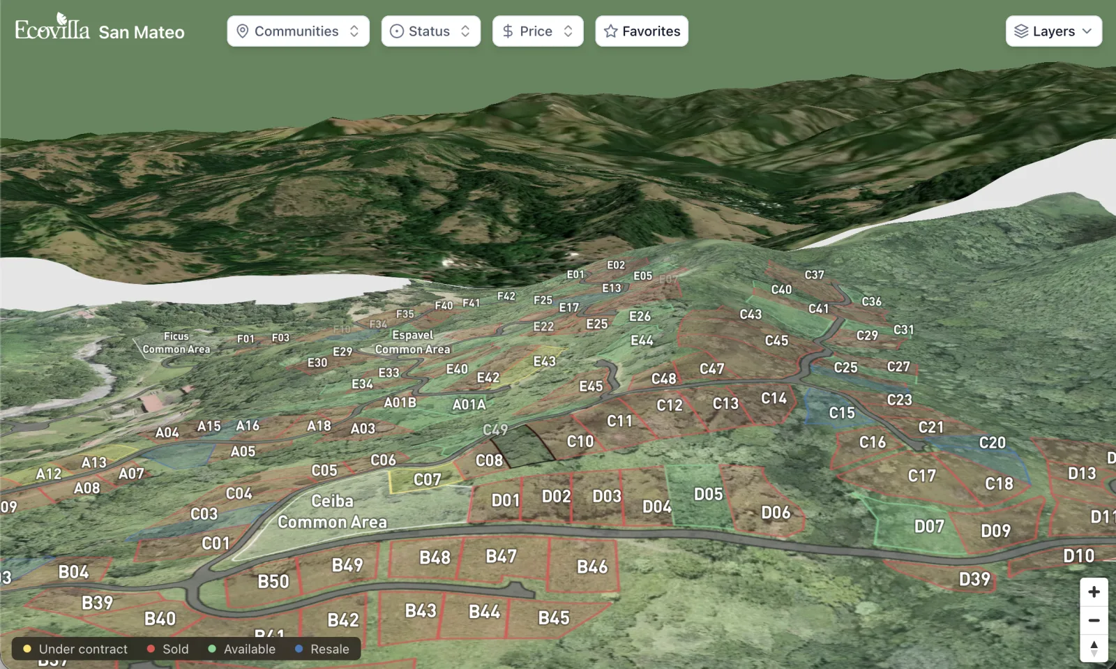 Ecovilla San Mateo 3D map showing labeled lots across the community's hilly terrain.